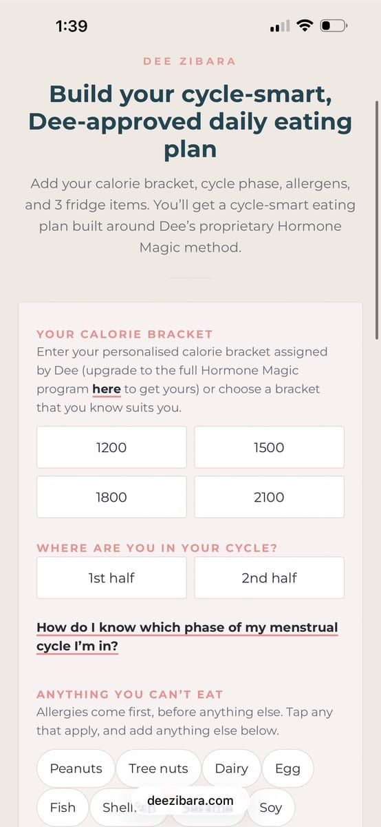 The Hormone Magic meal planner on a phone, with calorie bracket and cycle phase options